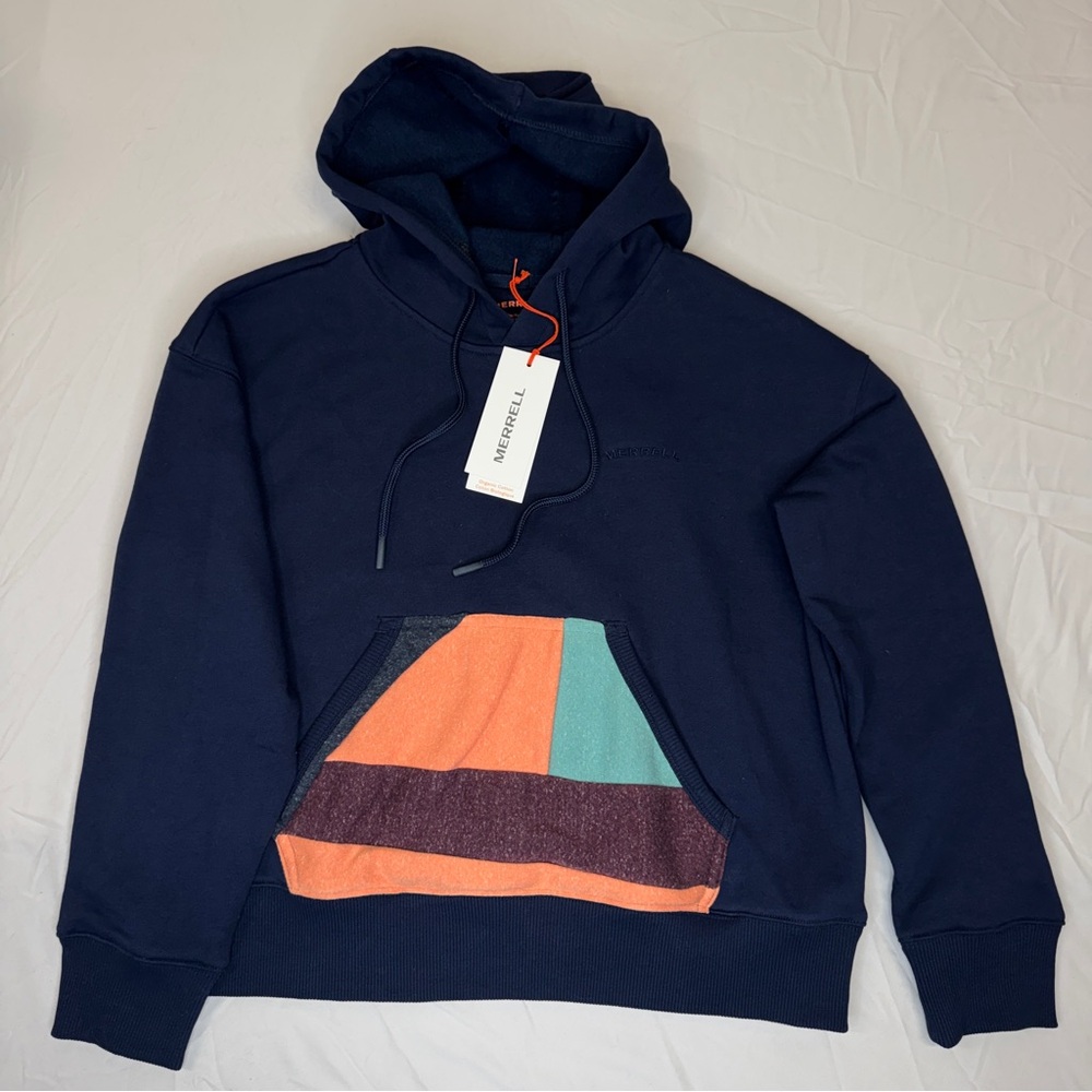 NWT Merrell Womens Navy Scrap Pullover Hoodie, Patchwork, Outdoors, Cotton